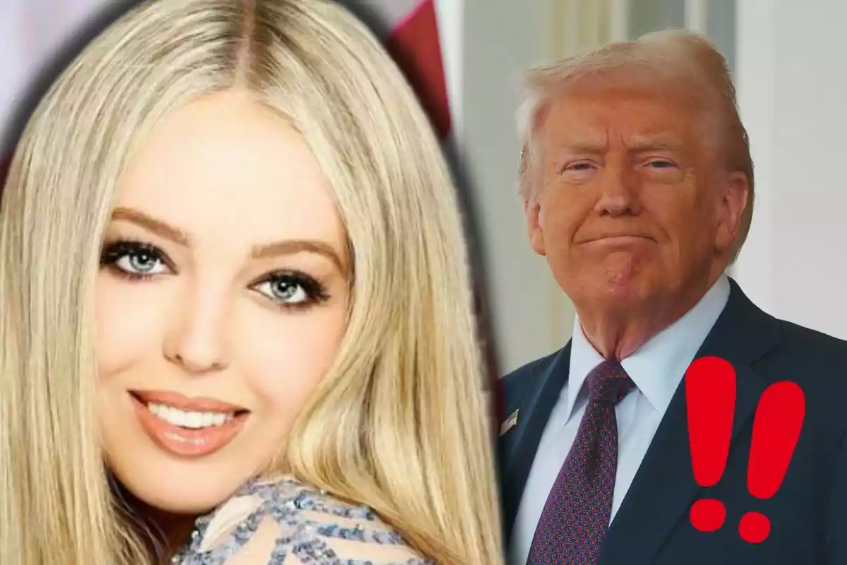 Tiffany Trump somrient al costat de Donald Trump amb vestit i un gest seriós i dos signes d'exclamació vermells.