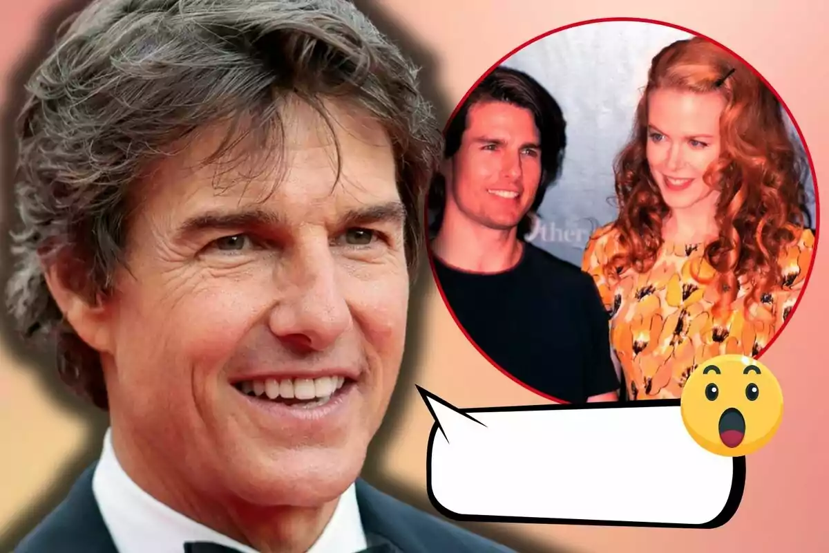 Tom Cruise smiling in the foreground with a circular image in the top right corner showing him and Nicole Kidman together, accompanied by an empty speech bubble and a surprised emoji.