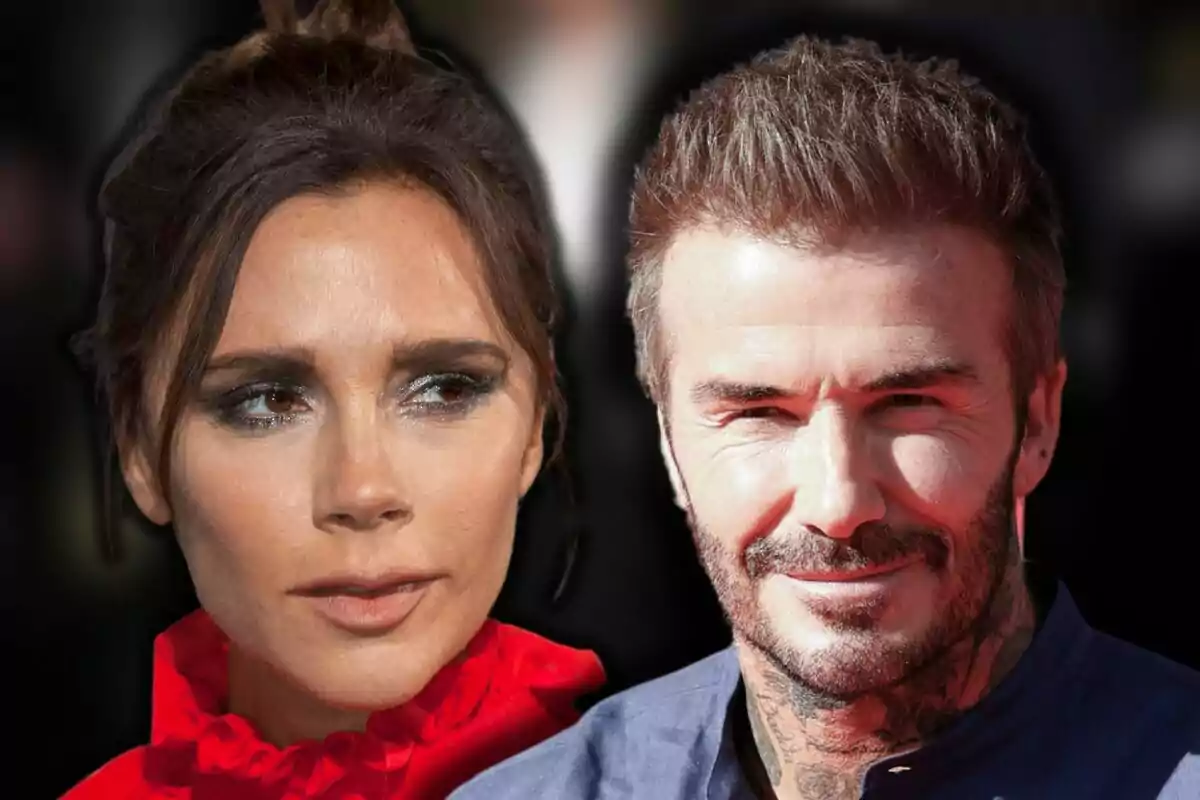 Close-up of Victoria Beckham in a red dress and David Beckham in a blue jersey, both looking in different directions with a blurred dark background