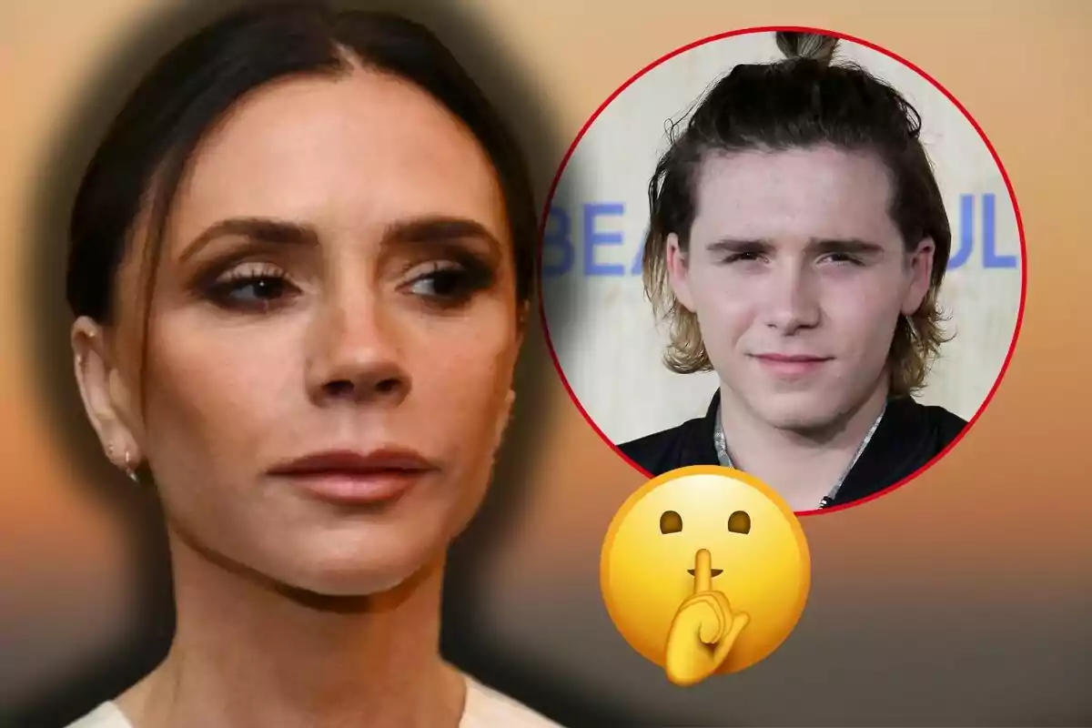 Victoria Beckham with a serious expression in the foreground and Brooklyn Beckham in a red circle in the top right corner with a silence emoji overlaid.
