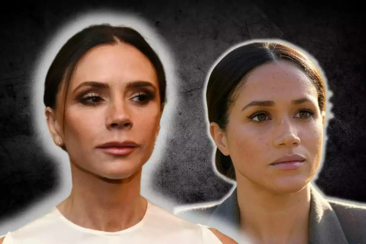 Victoria Beckham i Meghan Markle amb expressions serioses sobre un fons fosc.