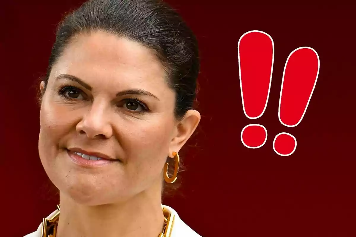 Princess Victoria of Sweden with gold earrings against a red background with exclamation marks.