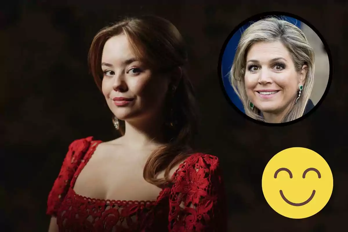 Montage with Princess Ariane of the Netherlands, in a red dress; the smiling Princess of the Netherlands inside a black circle and a smiling emoji.