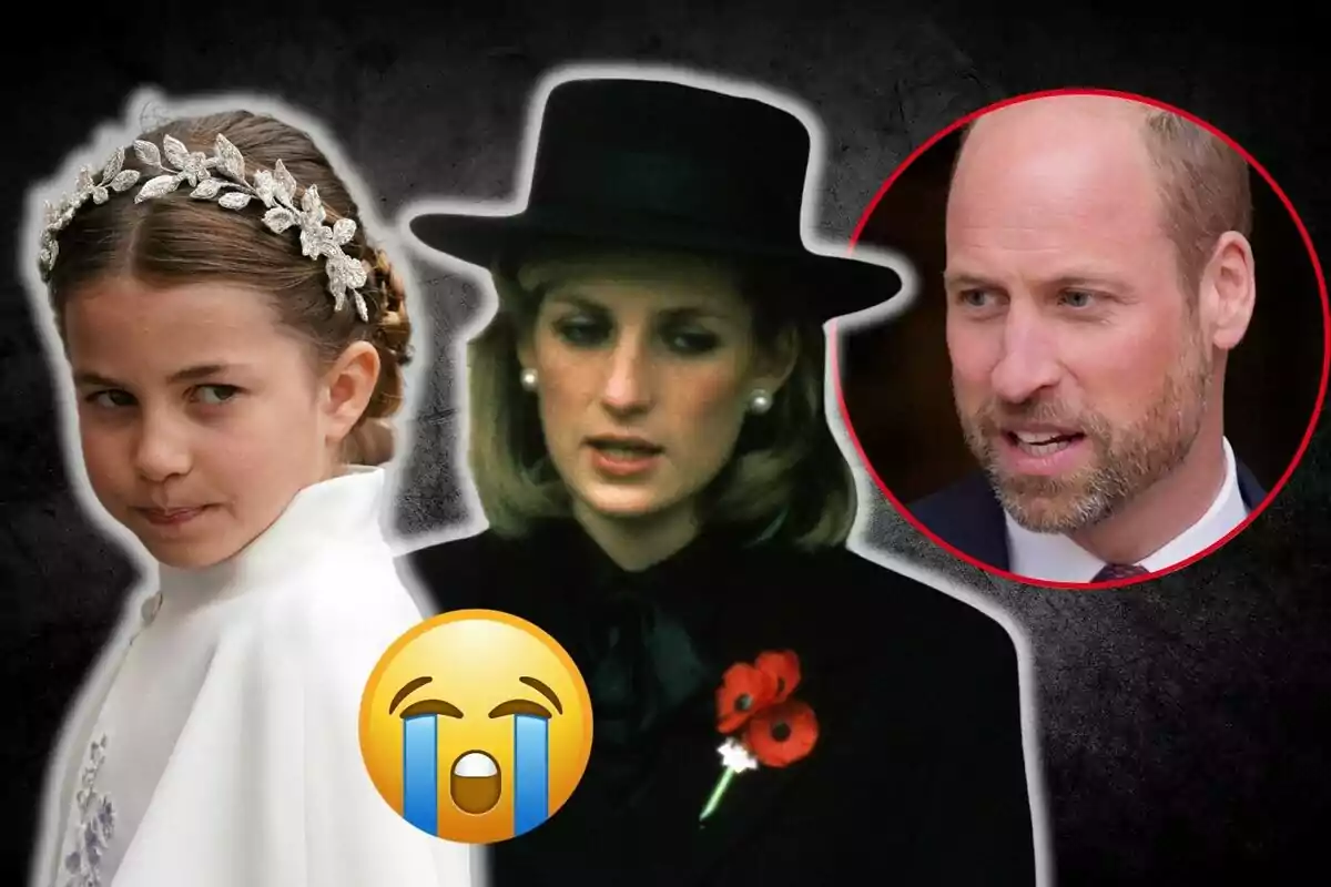 La princesa Charlotte amb diadema, Lady Di amb barret negre i el príncep Guillem en un cercle vermell, al costat d’un emoji de plor sobre un fons fosc