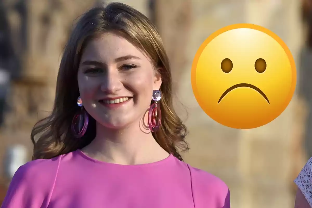 Collage with Princess Elizabeth of Belgium, in a pink suit and earrings of the same color, next to a sad emoji