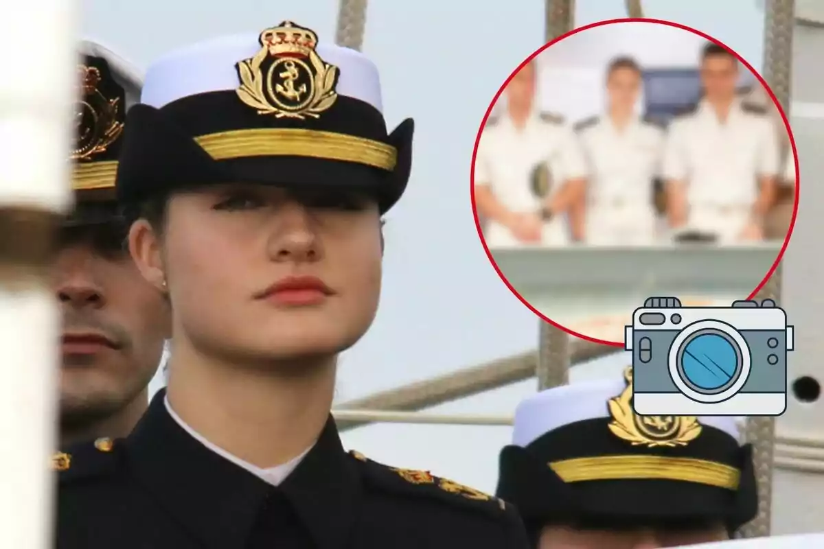 La princesa Leonor vestida amb uniforme naval i gorra està dreta, amb una expressió seriosa, mentre que en un requadre s'observa altres persones també amb uniformes blancs.