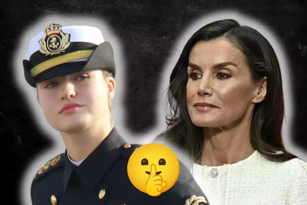 La princesa Leonor i la reina Letícia, una amb uniforme militar i gorra, l'altra amb vestit blanc, sobre un fons fosc amb un emoji de silenci al centre.