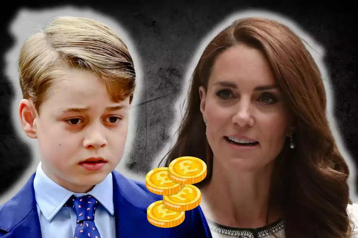Prince George with a serious expression and a smiling Kate Middleton appear together against a dark background with gold coins bearing the pound symbol in front of them.