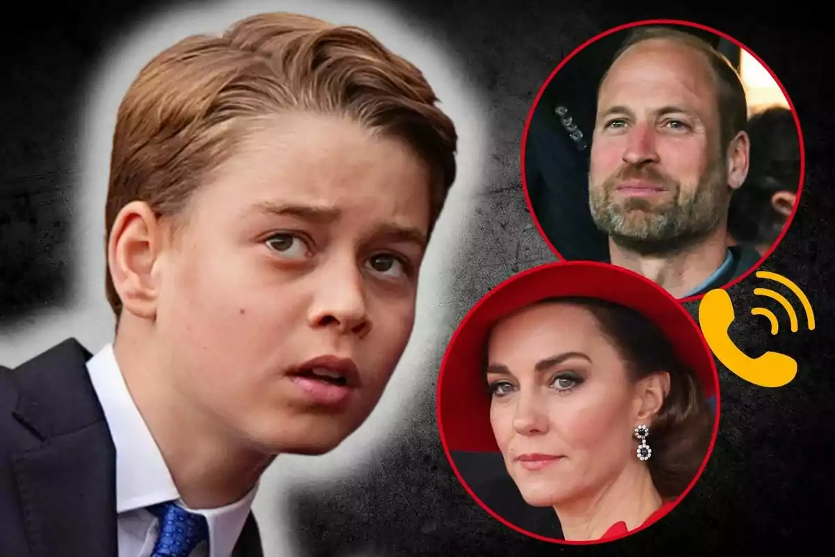 El príncep George amb expressió seriosa en primer pla i el príncep Guillem i la Kate Middleton en cercles vermells al fons al costat d’una icona de telèfon groga