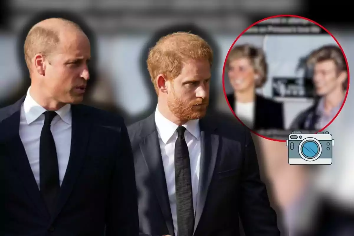 Els prínceps Guillem i Harry vestits amb vestit fosc caminen junts mentre conversen; a la cantonada superior dreta hi ha un cercle que mostra una imatge borrosa de dues persones somrient.