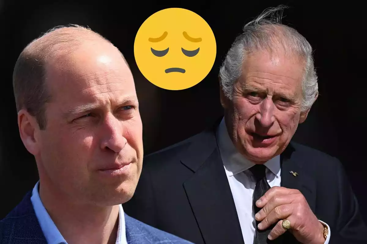 Muntatge del príncep Guillem seriós mirant de banda, el rei Carles III subjectant-se la corbata negra i un emoji trist