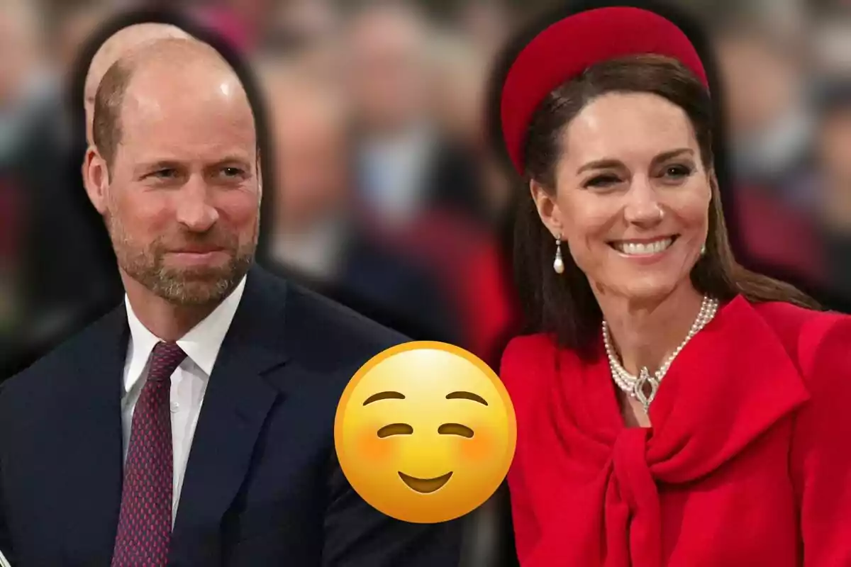 Prince William in a dark suit and red tie next to Kate Middleton dressed in red with a pearl necklace and headpiece, both smiling, with a smiling emoji in the center