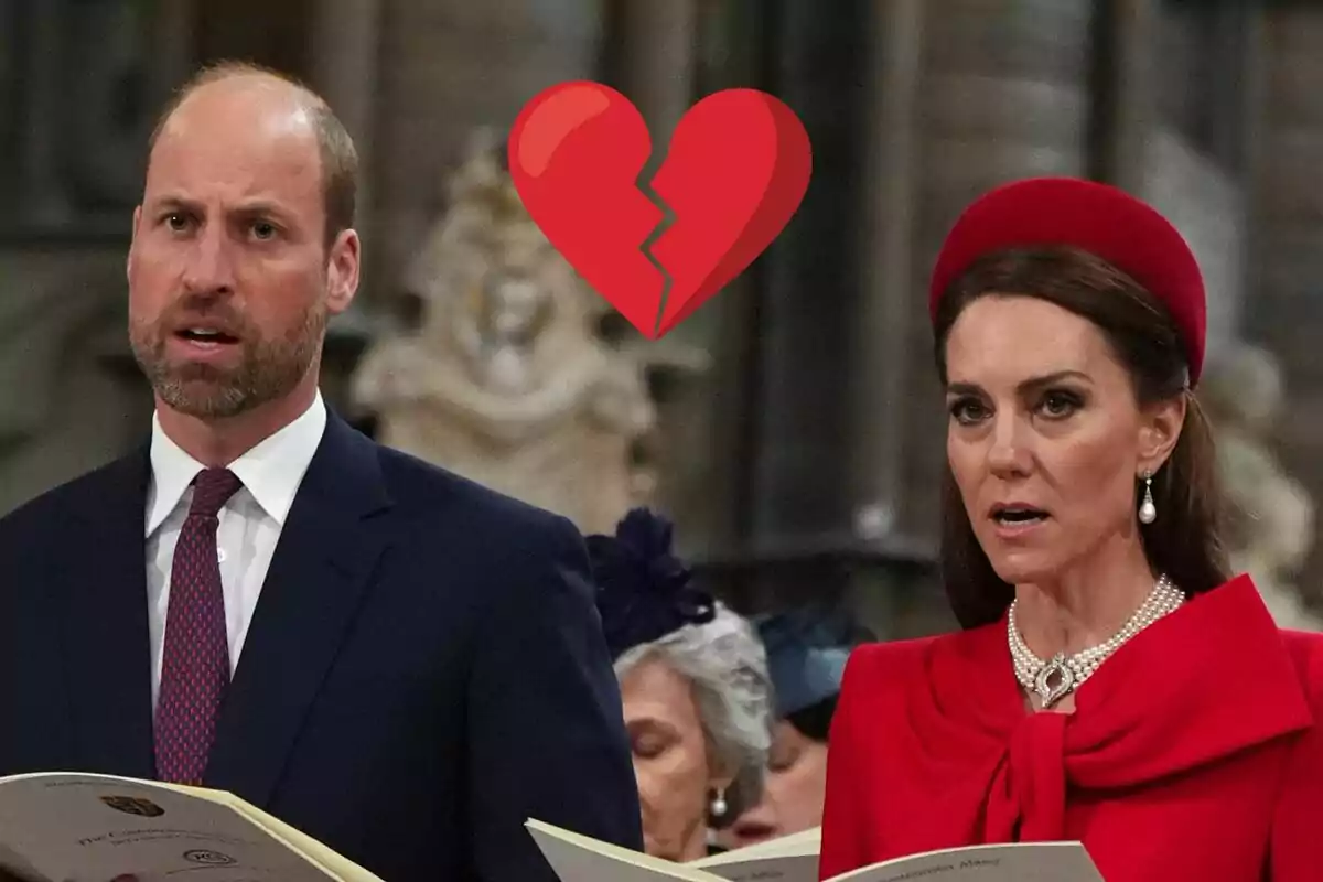 El príncep Guillem i Kate Middleton vestida formalment sostenen programes en un esdeveniment, amb un emoji de cor trencat sobre ells.