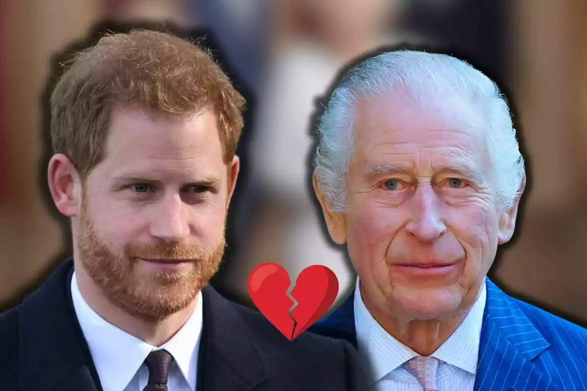 El príncep Harry i Carles III miren al front amb un cor trencat superposat entre ells.