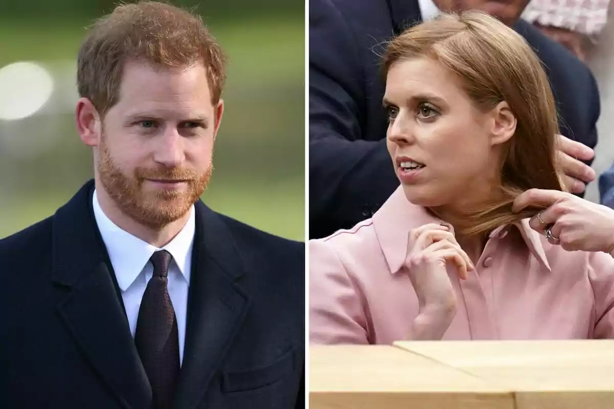 El príncipe Harry y la princesa Beatriz en imágenes separadas, una con cabello corto y barba pelirroja, la otra con cabello largo y rubio, ambas en exteriores.