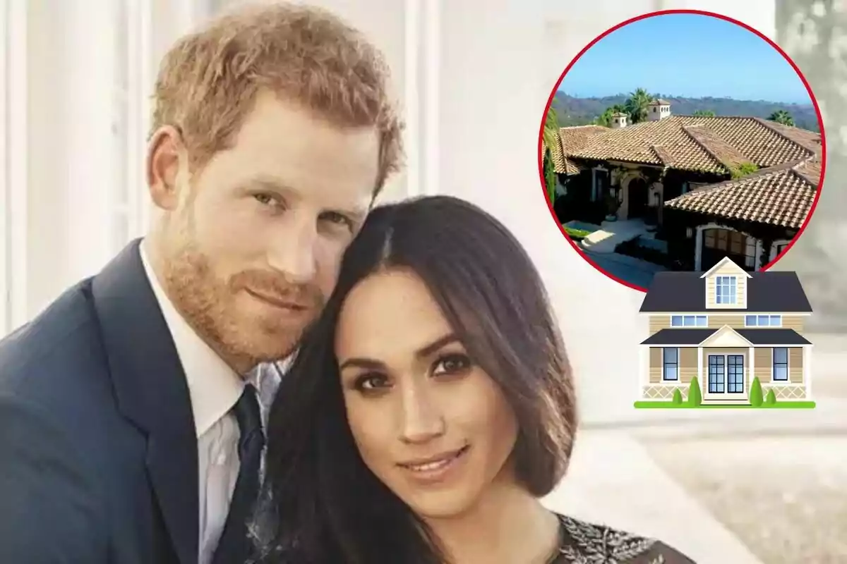 El príncep Harry i Meghan Markle posant junts amb una imatge d'una casa en un cercle vermell a la cantonada superior dreta i una icona d'una casa a la part inferior dreta.