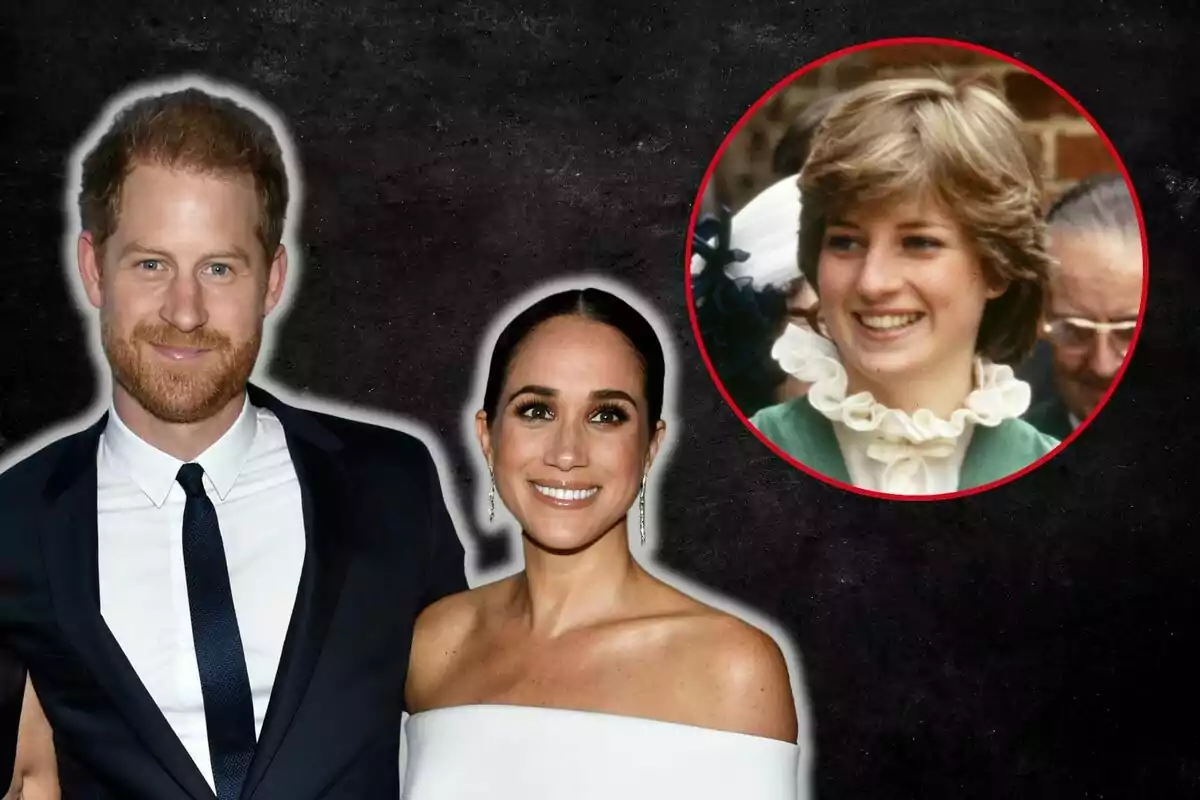 El príncep Harry i Meghan Markle somrient posant junts amb una imatge circular de Lady Di somrient a la cantonada superior dreta.