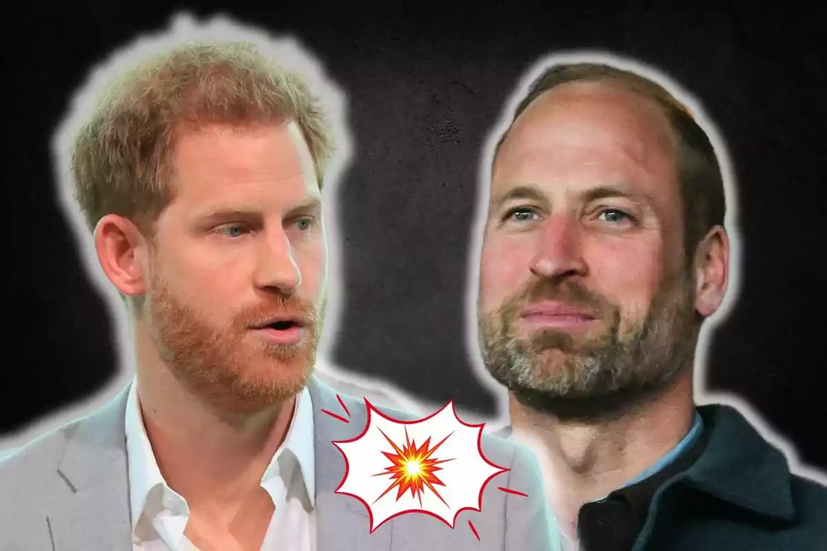 Els prínceps Harry i Guillem mirant-se amb una il·lustració d'explosió entre ells sobre un fons fosc.