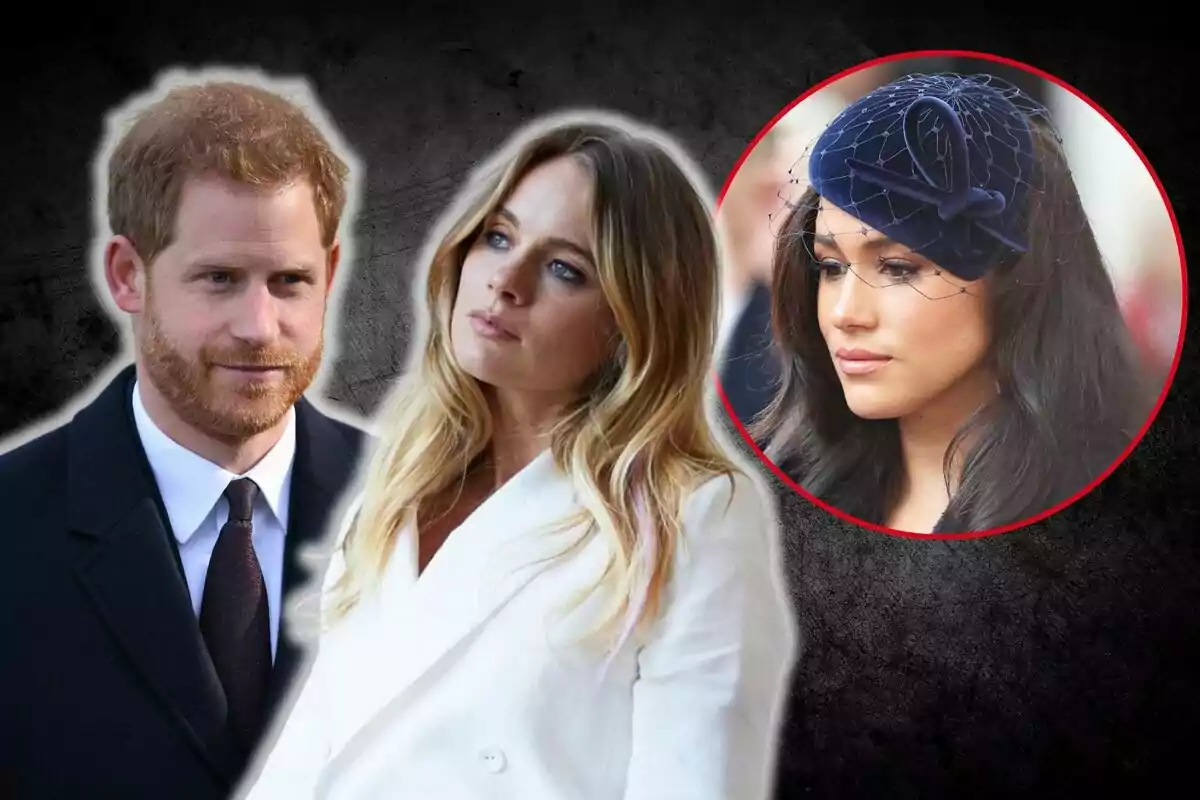 El príncep Harry, Cressida Bonas i Meghan Markle en primer pla amb fons fosc, dues d'elles al davant i una més emmarcada en un cercle vermell a la dreta