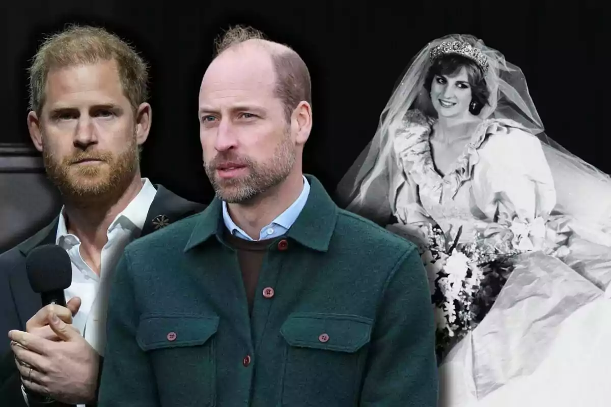 Els prínceps Harry i Guillem en primer pla, un amb barba i micròfon, l'altre amb jaqueta verda, i Lady Di amb vestit de núvia al fons en blanc i negre.