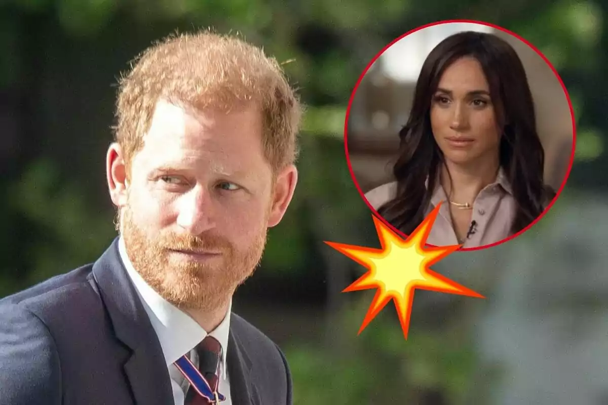 El príncep Harry amb barba pèl-roja i vestit fosc mira cap a un costat, mentre que a la cantonada superior dreta hi ha un cercle amb la imatge de Meghan Markle de cabell fosc i expressió seriosa, destacada amb un efecte d'explosió groga.