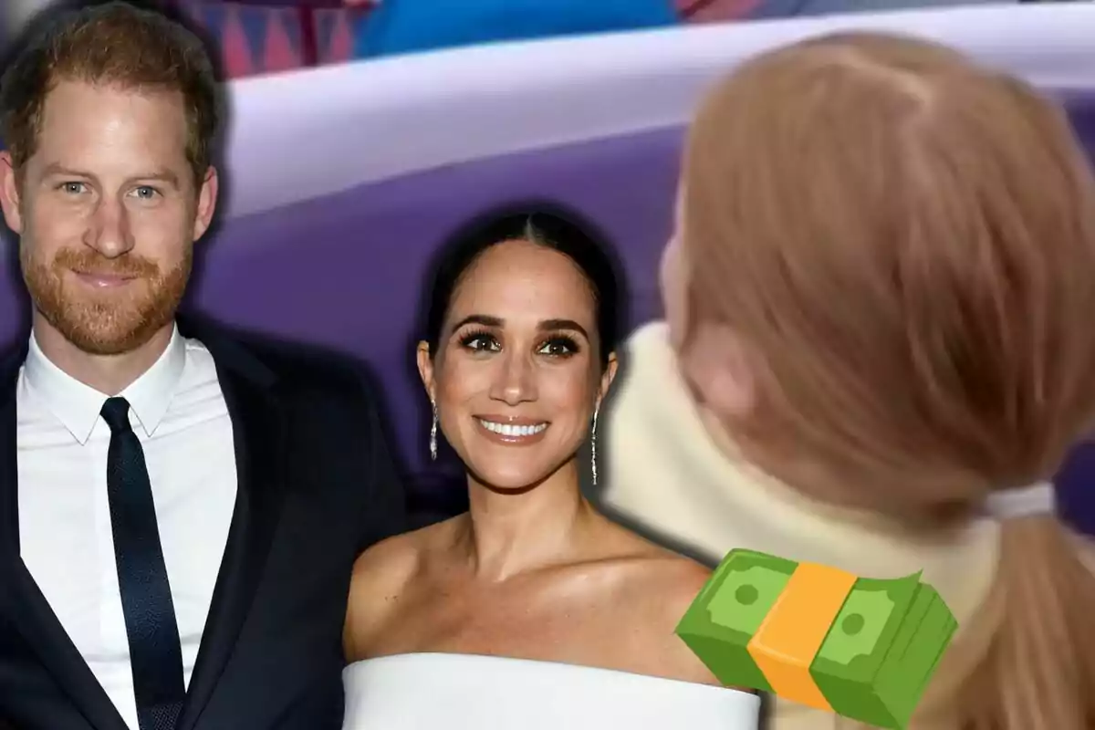 El príncep Harry i Meghan Markle elegantment vestida somriu al costat de la Lilibet d’esquena amb un dibuix de bitllets a la cantonada.