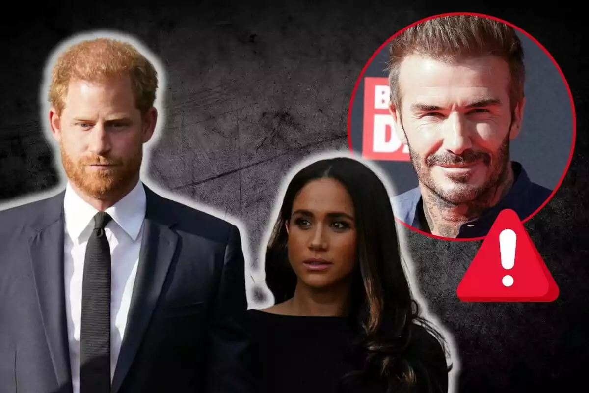 El príncep Harry i Meghan Markle vestida de manera formal apareixen en primer pla amb David Beckham dins d’un cercle vermell al fons i una icona d’advertència sobre un fons fosc.