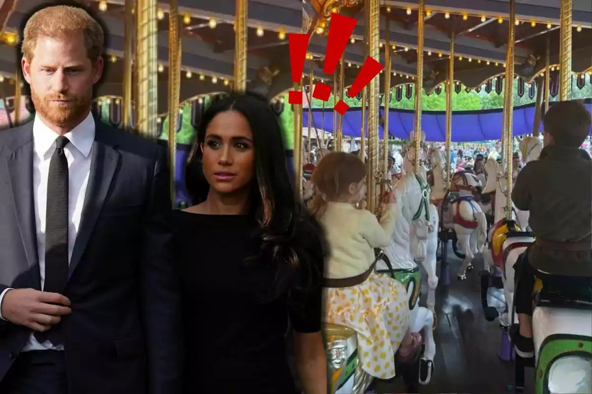 El príncep Harry i Meghan Markle vestits de manera elegant al davant d’un carrusel amb la Lilibet i l’Archie muntats a cavalls i signes d’exclamació vermells sobre ells.