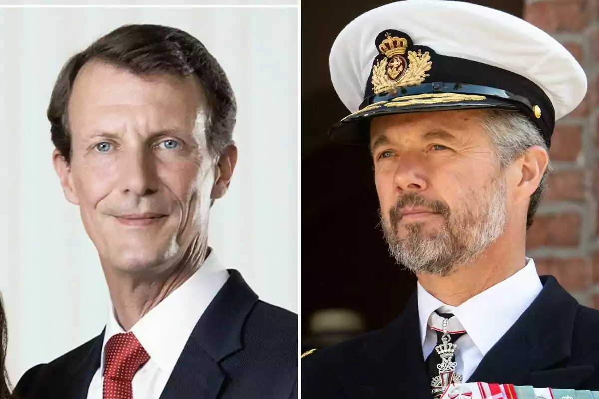 Prince Joachim and Frederik of Denmark, one in a suit with a red tie and the other in a naval uniform with a white cap Prince Joachim and Frederik of Denmark, one in a suit with a red tie and the other in a naval uniform with a white cap