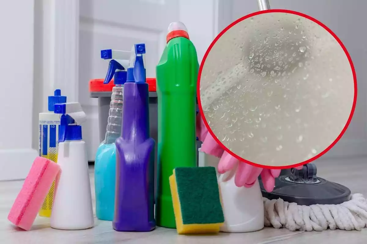 Muntatge amb diversos productes de neteja i un cercle amb una mampara de dutxa bruta