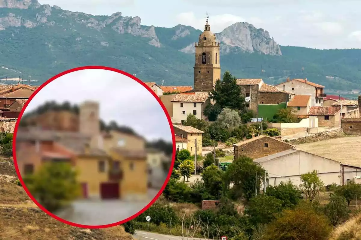 Muntatge amb una imatge d'un poble envoltat de muntanyes i arbres i un cercle amb el poble espanyol borrós