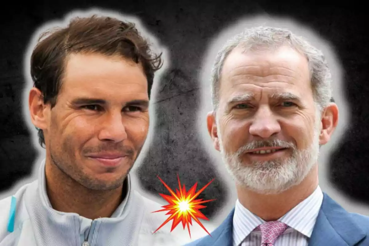 Rafa Nadal y Felipe VI sonrientes aparecen uno junto al otro sobre un fondo oscuro con un efecto de resplandor blanco y una explosión gráfica entre ellos