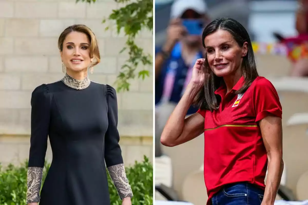 Rania from Jordan and Letizia posing, Rania in an elegant black dress and Letizia in a red sports shirt. Rania from Jordan and Letizia posing, Rania in an elegant black dress and Letizia in a red sports shirt.