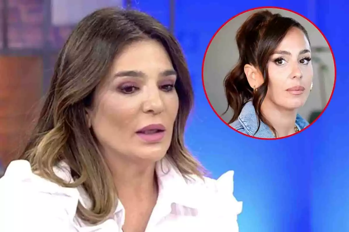 Raquel Bollo amb cabell castany i brusa blanca apareix en un programa de televisió, amb un requadre que mostra Anabel Pantoja amb cabell recollit i jaqueta texana.