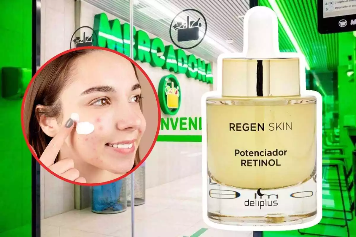 Muntatge de l'entrada de Mercadona amb una imatge d'una noia posant-se crema a la cara i la crema Regen Skin de Deliplus Muntatge de l'entrada de Mercadona amb una imatge d'una noia posant-se crema a la cara i la crema Regen Skin de Deliplus