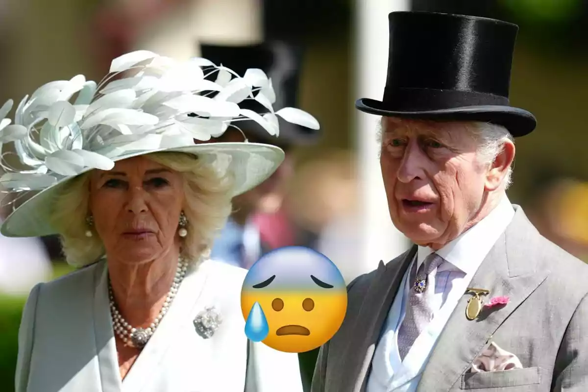 La reina Camila i Carles III elegantment vestits amb barrets formals i un emoji de cara preocupada amb una gota de suor al centre de la imatge