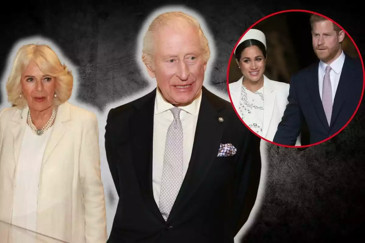 La reina Camila i Carles III vestits de manera formal amb una imatge circular de Meghan Markle i el príncep Harry a la cantonada superior dreta sobre un fons fosc.