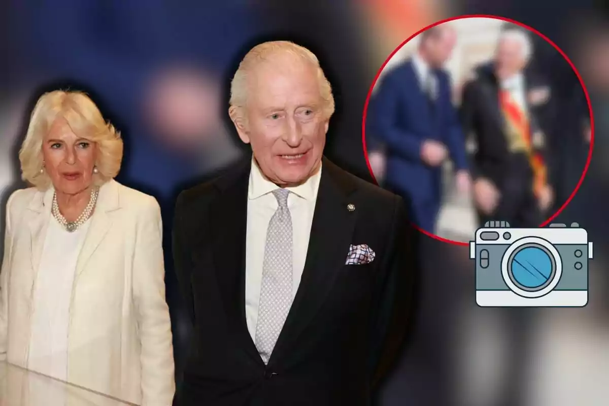 La reina Camila i Carles III vestits formalment amb un fons desenfocat i un cercle vermell que destaca una imatge borrosa de dues persones.