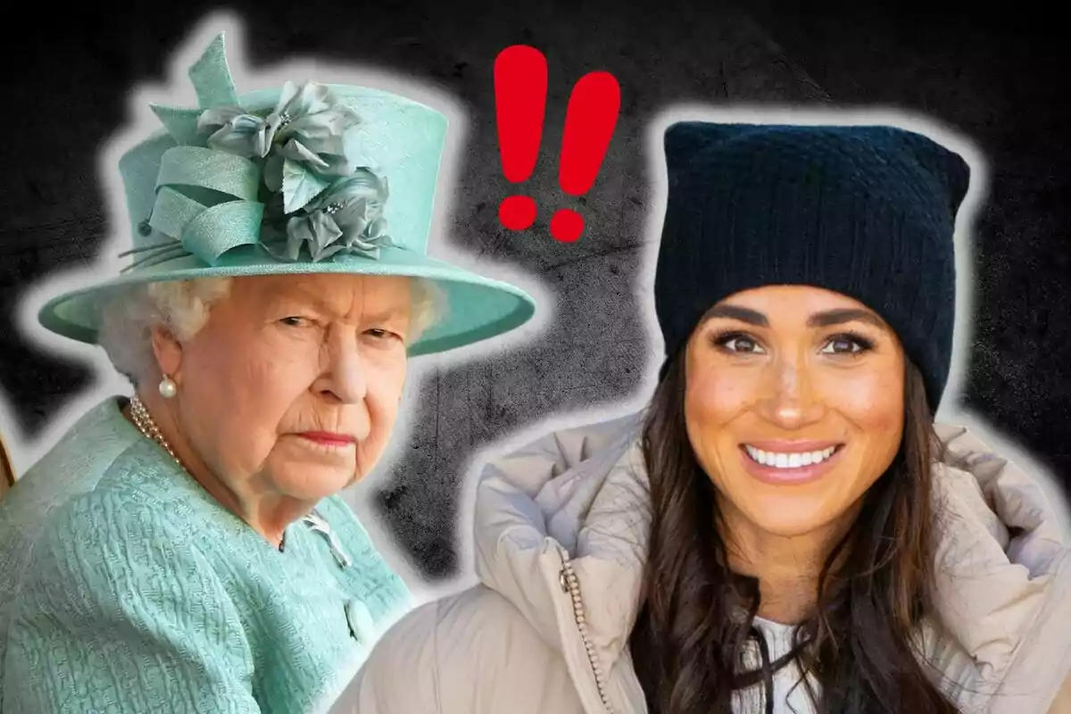 La reina Isabel con sombrero verde y expresión seria junto a Meghan Markle sonriendo con gorro negro, con signos de exclamación rojos en el fondo.