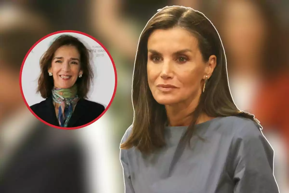 Reina Letizia en primer pla amb expressió seriosa i Paloma García Pelayo en un requadre circular amb fons blanc.