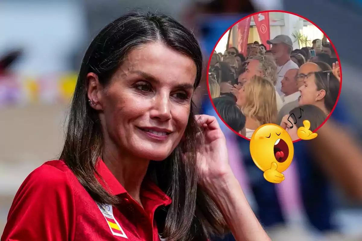 Letizia amb una samarreta vermella i una insígnia d?Espanya al pit, amb una imatge circular a la cantonada superior dreta que mostra un grup de persones cantant, acompanyada d?un emoji de cant.