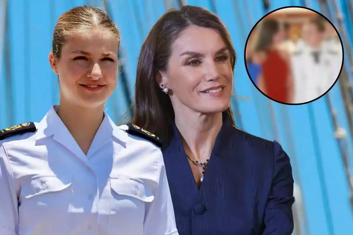 La reina Letizia i la princesa Leonor somriuen a l'aire lliure, una porta uniforme blanc i l'altra un vestit blau fosc, amb un fons blau i un cercle que mostra una imatge borrosa.