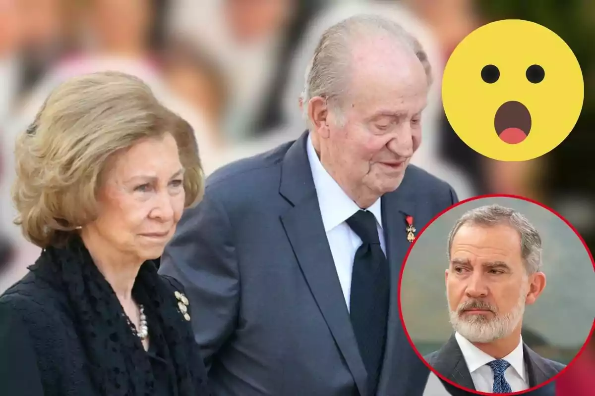 La reina Sofia i Joan Carles I camina juntes mentre un emoji sorprès i Felip VI amb barba apareixen en un cercle a la cantonada.