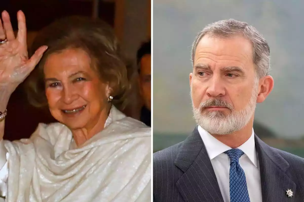 Muntatge de la reina Sofia somrient saludant vestida de blanc i Felip VI seriós mirant de banda en vestit negre i corbata blava Muntatge de la reina Sofia somrient saludant vestida de blanc i Felip VI seriós mirant de banda en vestit negre i corbata blava