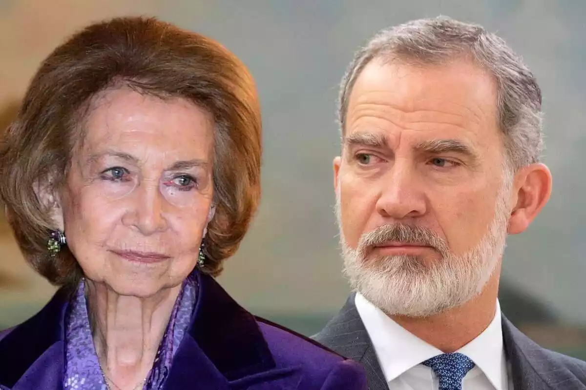 Muntatge en primer pla de la reina Sofia seriosa en un vestit morat i Felip VI seriós mirant de banda en vestit gris i camisa blanca