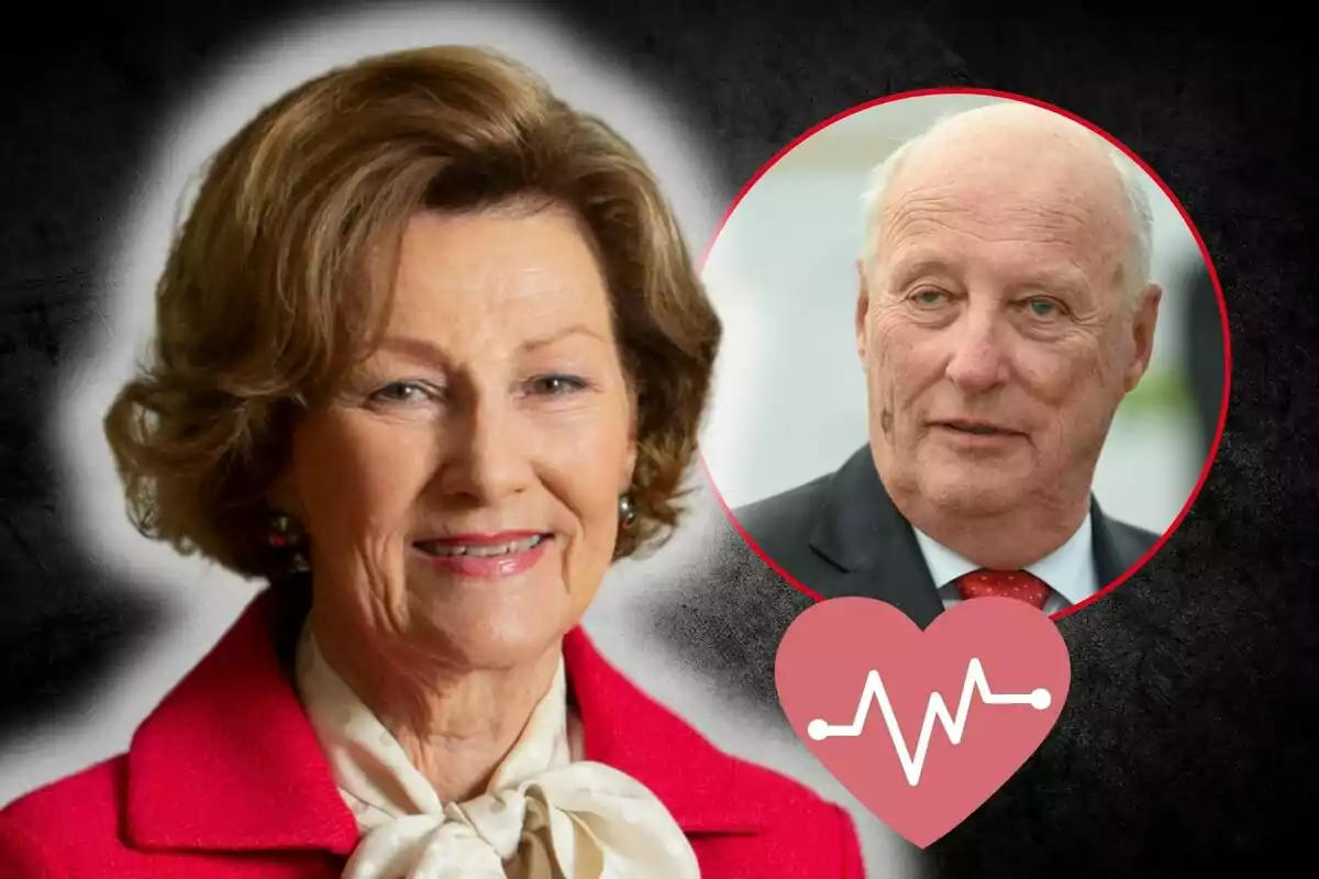 Queen Sonia smiling against a dark background and King Harald in a red circle with a heart icon and lifeline.