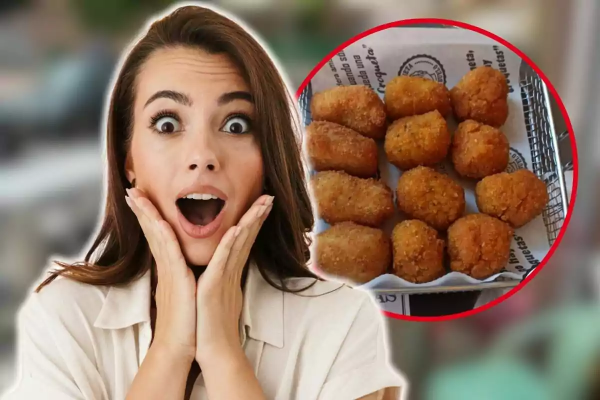 Una dona amb expressió de sorpresa i una imatge de croquetes fregides en un cercle vermell.