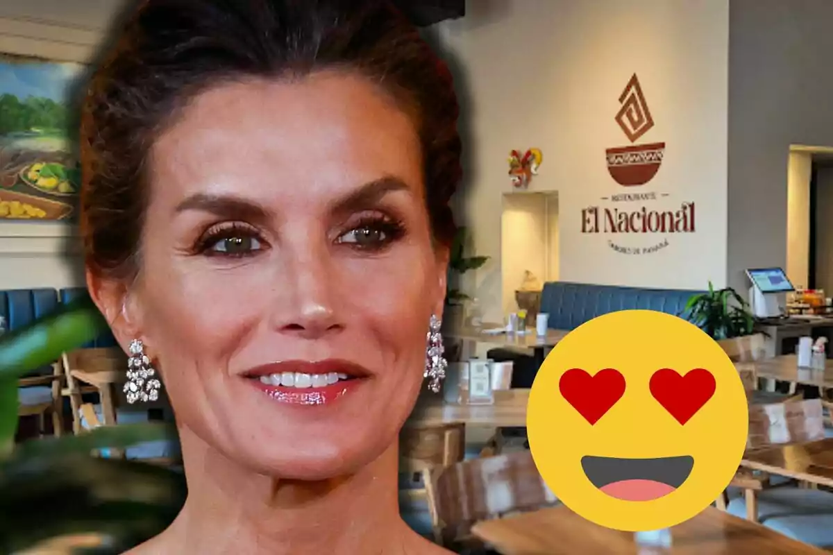 La reina Letícia amb arracades brillants està en primer pla, mentre que al fons es veu un restaurant anomenat El Nacional amb un emoji d'ulls de cor superposat.