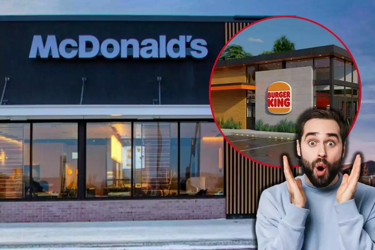 A McDonald's restaurant with a circle showing a Burger King and a surprised person in the foreground.