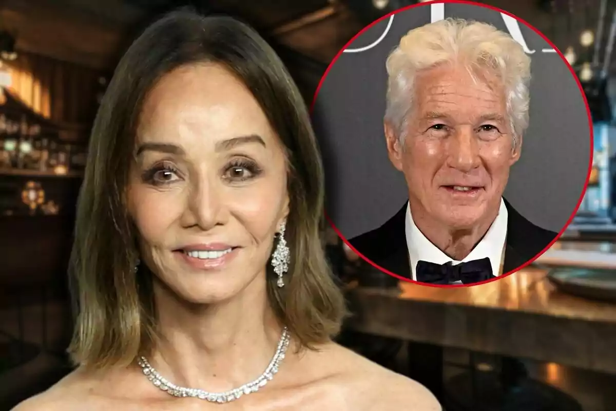 Isabel Preysler amb joies elegants en un entorn de restaurant, amb Richard Gere en un requadre circular a la cantonada superior dreta.